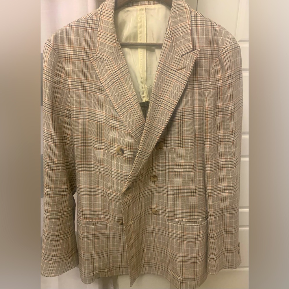 ZARA Men’s Slim Tan Brown Rust Plaid Double-breasted Blazer Jacket 40R